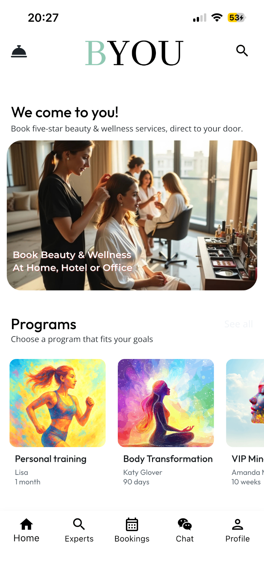 BYOU app screen, Pay only when you need it