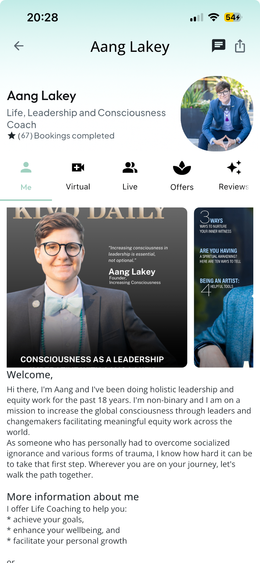 BYOU app expert profile screen, verified therapist with reviews and languages