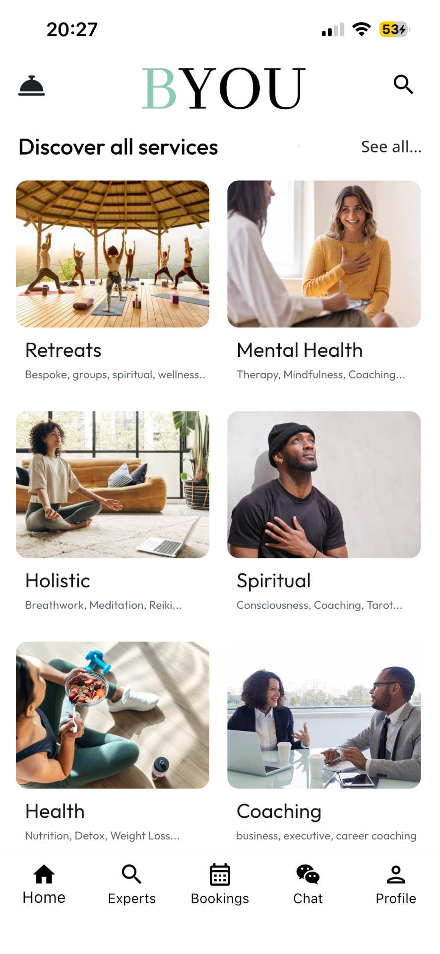 BYOU app home screen showing wellbeing services, retreats, mental health, holistic, spiritual, health and coaching